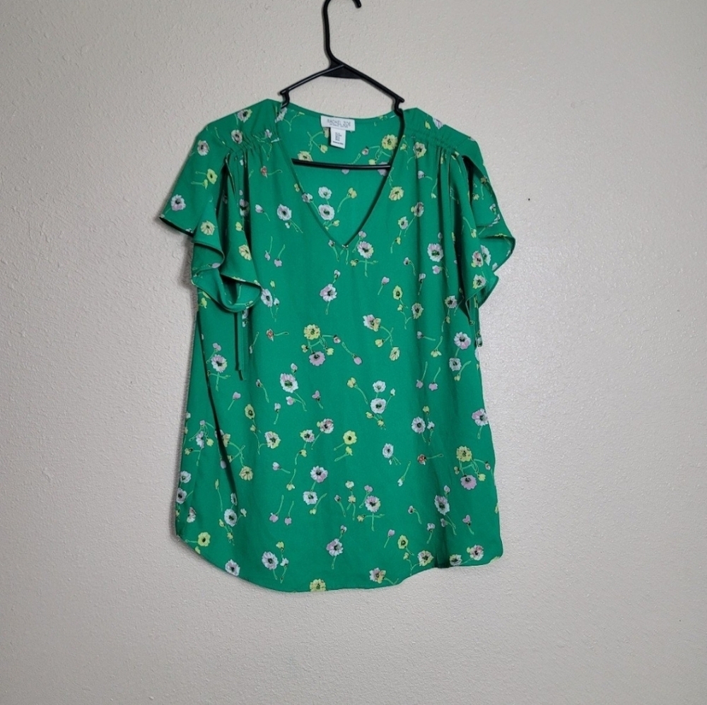 Rachel Zoe Top Womens Floral Off Shoulder Short Sleeve Smocked Blouse Green Sz M - Picture 1 of 8